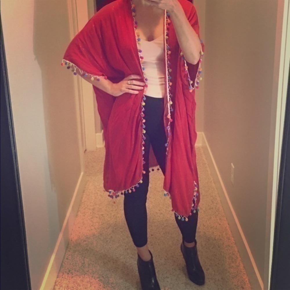 Angies red duster with Pom Pom trim